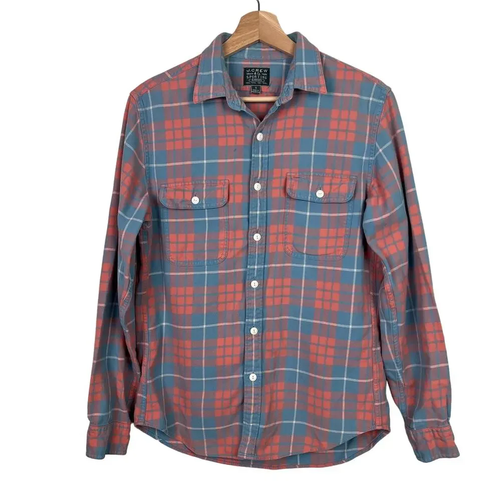 J. Crew Men's Peachy Pink and Sky Blue Button Up Soft Plaid Shirt Size Small‎